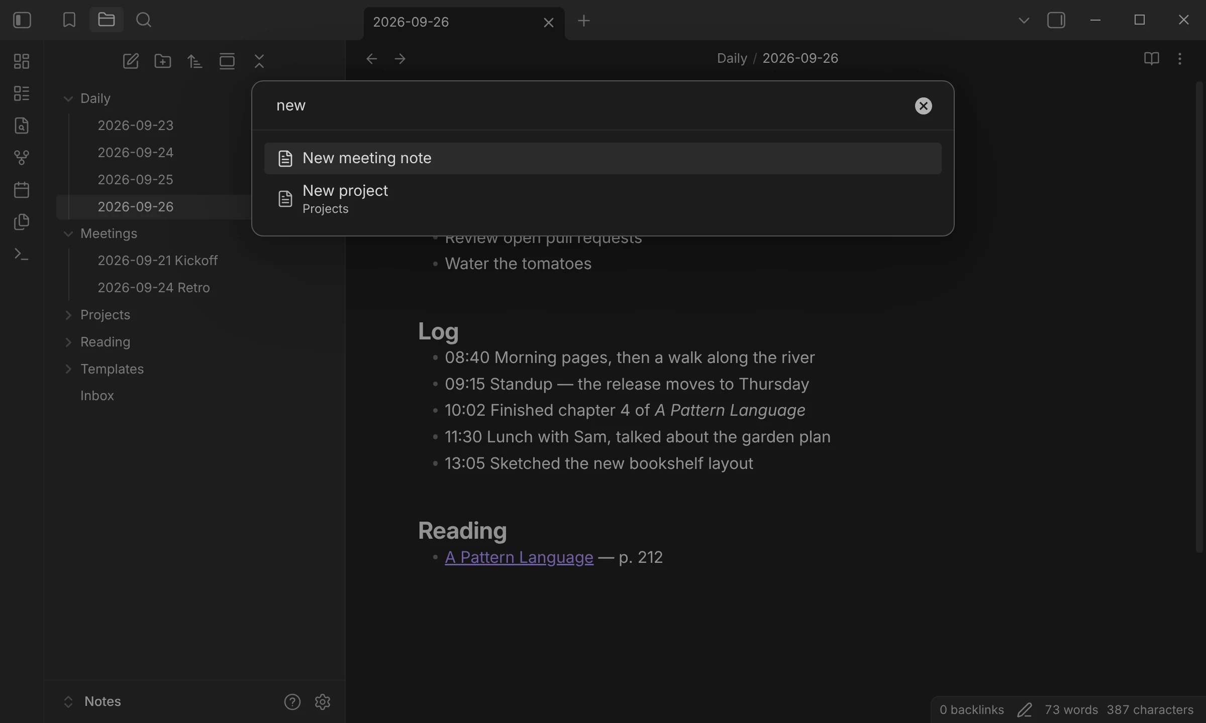 QuickAdd's choice picker filtered by the query new, showing New meeting note and New project from the Projects folder.